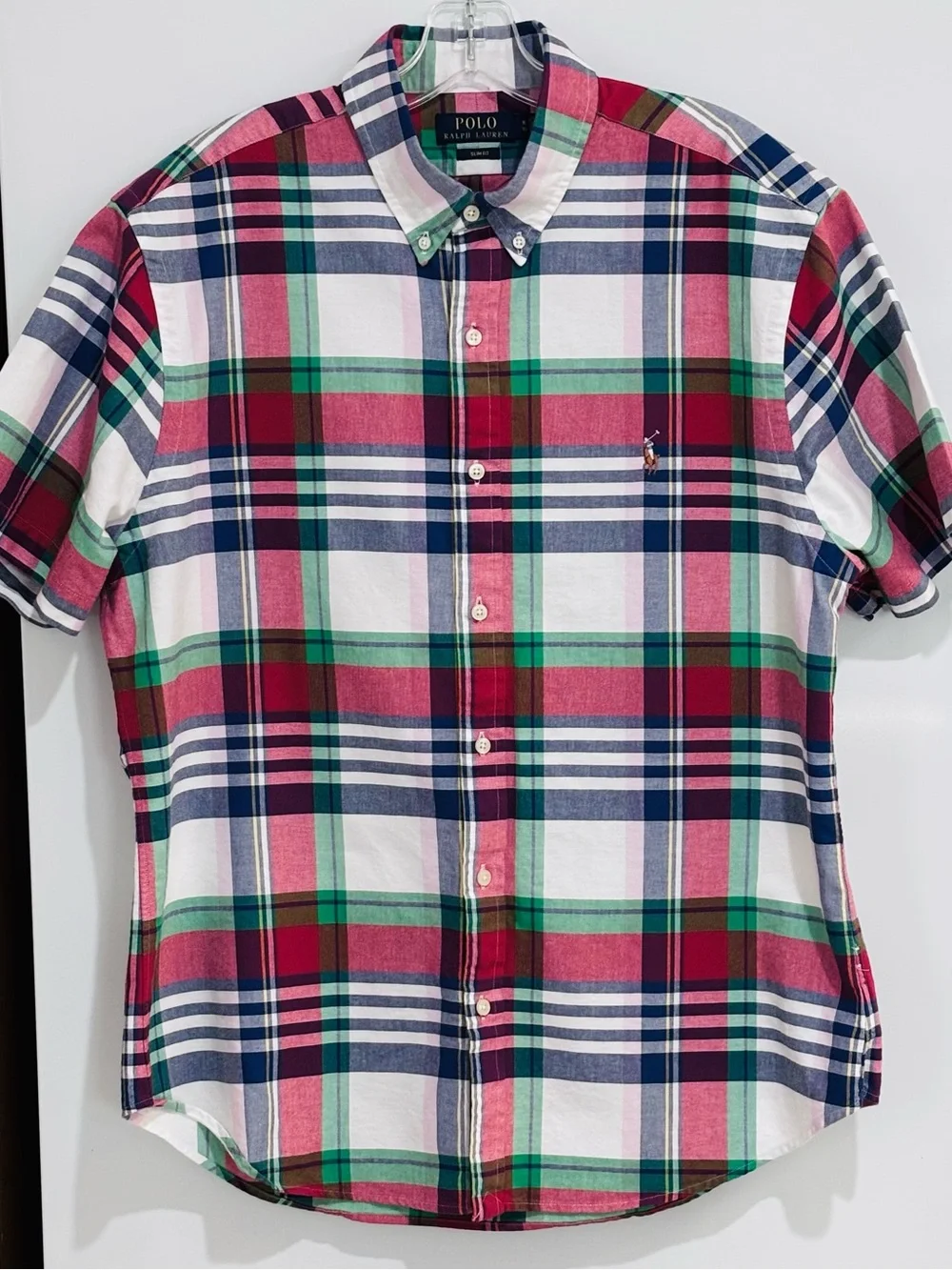 Polo Ralph Lauren Oxford Short Sleeve Plaid Slim Fit Button Down Sz XL
